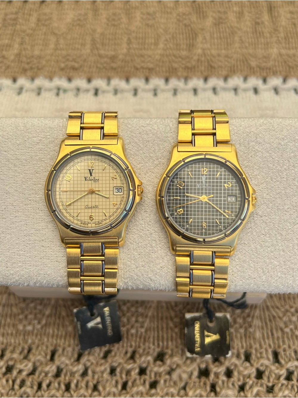 Rare Vintage 80’s Valentino Men’s Gold-Tone Watch with Grid Dial Swiss Made